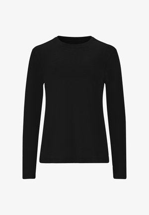 Schwarzes Langarmshirt aus weichem Material, mit rundem Ausschnitt und schlanker Passform. Der Stoff hat eine dezente Struktur ohne Muster.