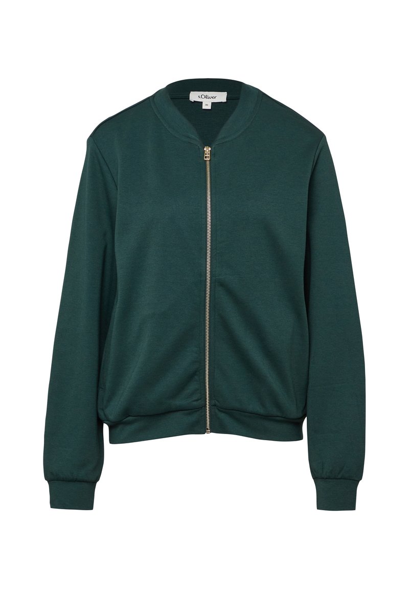 Grüne Bomberjacke aus weichem Material, mit einem Reißverschluss vorne, gerippten Bündchen und einem runden Kragen. Keine auffälligen Muster oder Akzente.