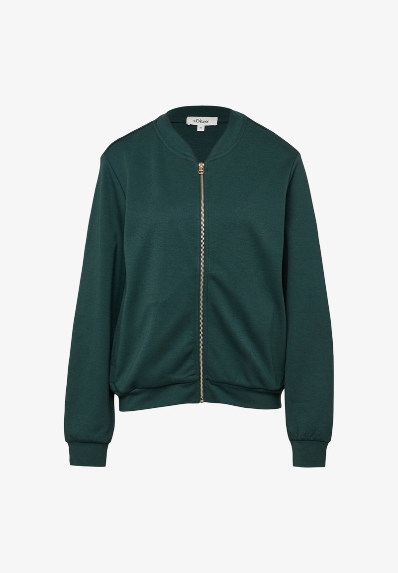Grüne Bomberjacke aus weichem Material, mit einem Reißverschluss vorne, gerippten Bündchen und einem runden Kragen. Keine auffälligen Muster oder Akzente.