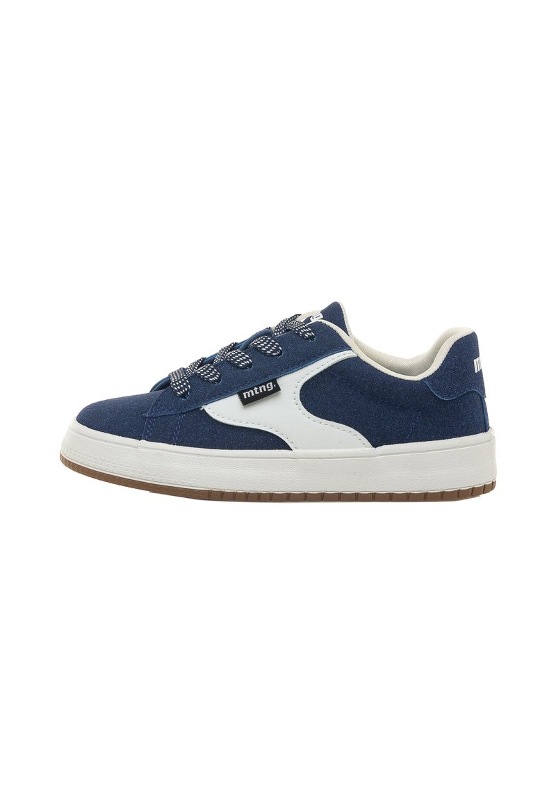 Dunkelblaue Sneakers mit weißen Akzenten, Obermaterial aus strukturiertem Canvas, Gummisohle, runde Zehenform und gemusterte Schnürsenkel. Markenlogo an der Seite.