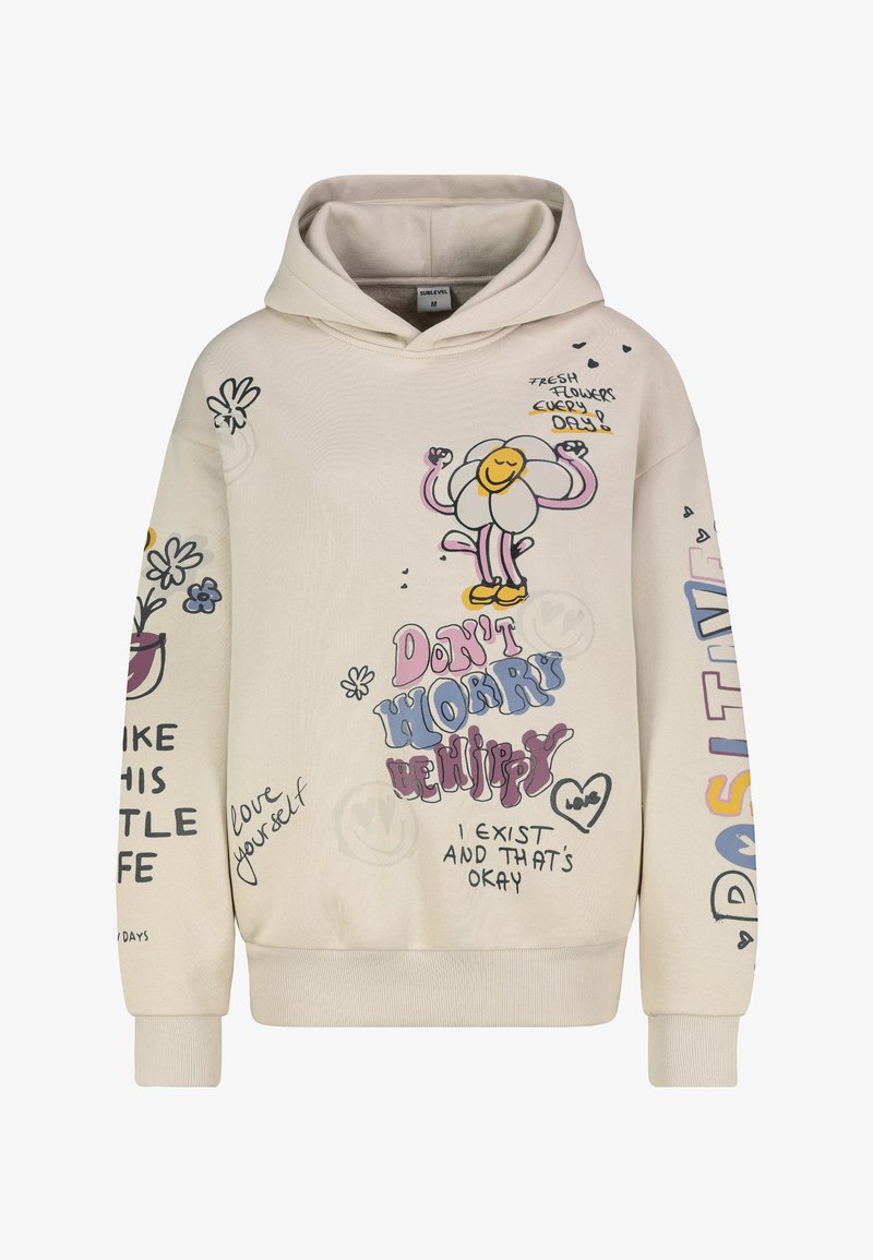 Beige Kapuzenpullover mit buntem Blüten-Comic, Phrasen wie "Mach dir keine Sorgen, sei hippie", "Lieb dich selbst" und "Positiv" auf den Ärmeln und der Vorderseite.