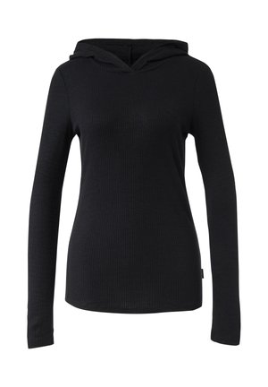 Hoodie noir côtelé à manches longues avec un décolleté profond et une poche kangourou à l'avant. Confectionné en tissu doux, avec une coupe décontractée et une capuche doublée doublement.