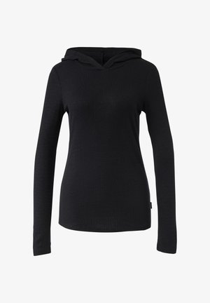 Hoodie noir côtelé à manches longues avec un décolleté profond et une poche kangourou à l'avant. Confectionné en tissu doux, avec une coupe décontractée et une capuche doublée doublement.