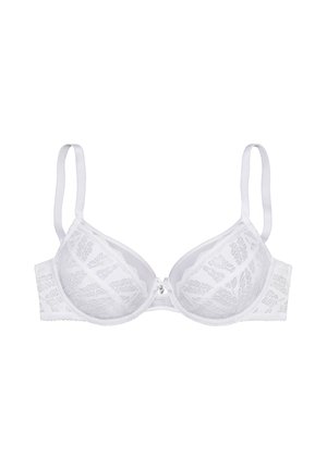 Reggiseno in pizzo bianco con ferretto, spalline regolabili e un piccolo charm decorativo al centro davanti.