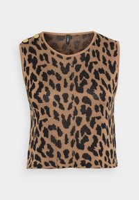 Πλεκτό αμάνικο τοπ με καφέ και μαύρο λεοπάρ σχέδιο, στρογγυλή λαιμόκοψη και δύο χρυσά κουμπιά στους ώμους.