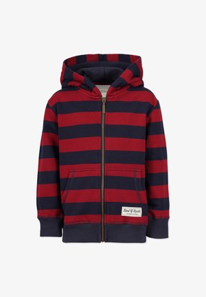 Rød og marineblå stribet hættetrøje med lynlås, der har en frontlomme, ribbede manchetter og et lille logolabel i kanten. Blødt stof.