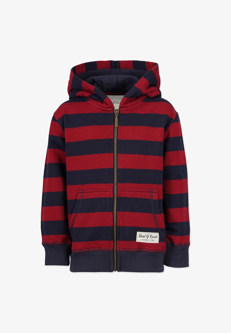 Punainen ja laivastonsininen raidallinen vetoketjuhuppari, jossa on etutasku, resorit hihoissa ja pieni logolappu helman kohdalla. Pehmeä kangas.