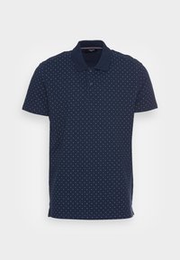 Námořnická modrá polo košile s krátkým rukávem, s malým bílým diamantovým vzorem, dvouknoflíkovou légou a klasickým límcem.