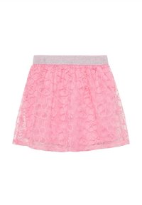 Roze kanten rok met een zilveren elastische tailleband, intrigerende bloemenpatronen en een gelaagd ontwerp voor extra textuur en diepte.