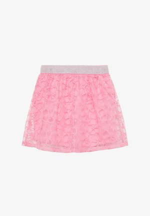 Rosa Spitzenrock mit einem silbernen elastischen Bund, filigranen Blumenmustern und einem schichtigen Design für zusätzliche Textur und Dimension.