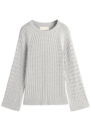 Light gray long-sleeve sweater with cable knit pattern, round neckline, ribbed cuffs and hem.