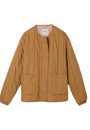 Brown quilted jacket with two front pockets and a snap button closure, featuring a contrasting checkered lining. Soft texture, relaxed fit.