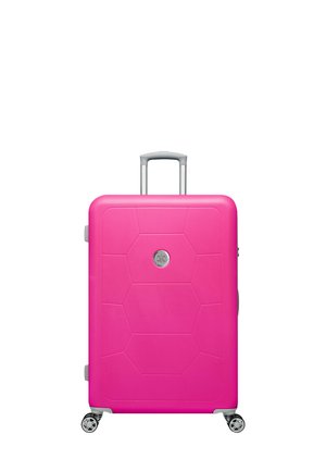 Hard-shell pink suitcase with hexagonal pattern, retractable silver handle, and four wheels for mobility. Features logo on front.