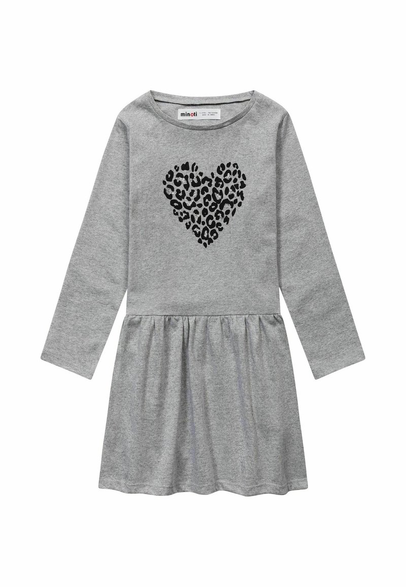 Abito grigio realizzato in tessuto morbido, con maniche lunghe, gonna svasata e un motivo a cuore con stampa leopardata nera sulla parte anteriore.