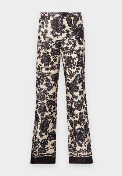 Hlače širokega kroja z cvetličnim vzorcem v kremni barvi z črnimi odtenki. Imajo svilen otip in kontrastni temni rob na dnu.