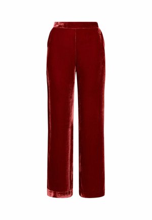 Velvet, wide-leg pants in deep red, featuring a smooth texture, high waistband, and side pockets. Straight cut with a slight shine.
