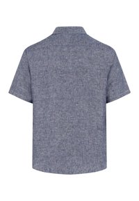Chemise en lin bleu-gris à manches courtes avec un col classique vue de dos sur fond blanc.