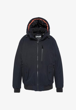 Mørkeblå jakke med en skinnende foring, justerbar hætte, to store sidelommer og lynlås foran. Har sorte og orange detaljer.