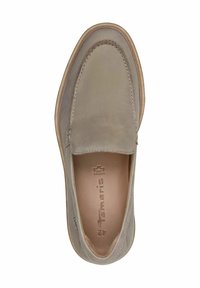 Gray leather slip-on shoe with a rounded toe, contrasting stitching, and a light sole. Features soft texture and inner branding detail.