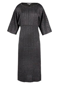 Stickad klänning med korta, vida ärmar, med ribbat mönster i mörka nyanser med subtil lyster och en rak silhuett.