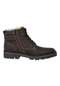 Bottines en cuir marron avec une surface texturée, dotées d'une fermeture éclair sur le côté, d'un laçage à l'avant et d'une semelle en caoutchouc épaisse avec des reliefs. Doublées d'un matériau doux.