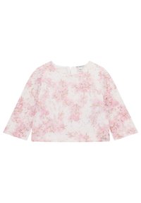 Blusa a maniche lunghe bianca con un motivo floreale in delicate tonalità di rosa. Presenta un collo rotondo e una piccola apertura posteriore per la chiusura.
