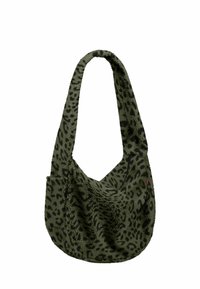Olivengroene schoudertas van gestructureerde stof met een luipaardprint patroon. Voorzien van een brede, zachte band en een buitenvak.