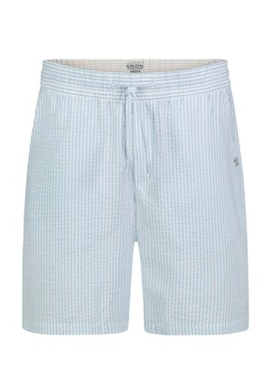 Hellblaue und weiße, vertikal gestreifte Herrenshorts mit elastischem Bund und vorderer Kordel, gekennzeichnet als Größe Medium.