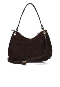 Donkerbruine suède handtas met een gebogen silhouet, gevlochten randen en een afneembare schouderriem. Details in goudkleurig metaal zijn inbegrepen.