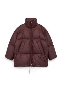 Brown puffer jacket with a high collar, short sleeves, and two front pockets. Features a zip closure and drawstring hem. Smooth texture.