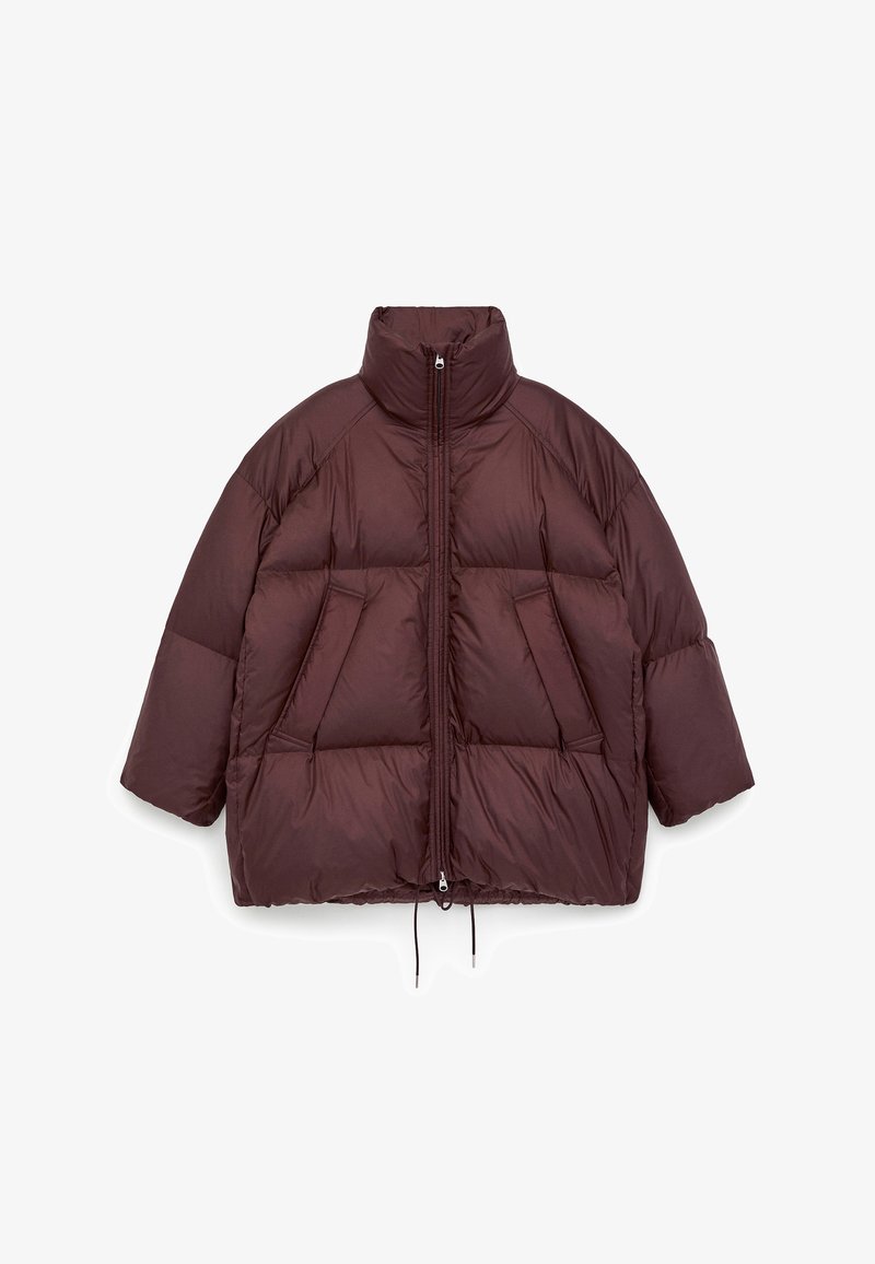 Brown puffer jacket with a high collar, short sleeves, and two front pockets. Features a zip closure and drawstring hem. Smooth texture.