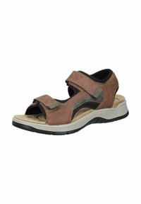 Brown leather sandal with two adjustable Velcro straps, open-toe design, cushioned footbed, and a white rubber sole with a textured pattern.