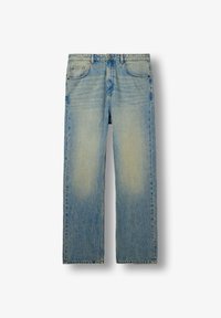 Jean droit en denim bleu clair avec poches avant et passants pour ceinture, montrant une légère décoloration sur les cuisses, posé à plat sur un fond blanc.