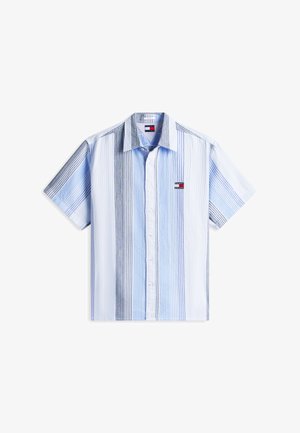 Πουκάμισο με κοντά μανίκια και κουμπιά, με κάθετες μπλε, λευκές και γκρι ρίγες και μικρό λογότυπο στο αριστερό στήθος.