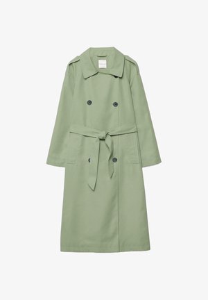 Grüner Baumwoll-Trenchcoat mit doppelreihiger Vorderseite, tailliertem Gürtel und großen Taschen. Verfügt über einen klassischen Kragen und lange Ärmel.