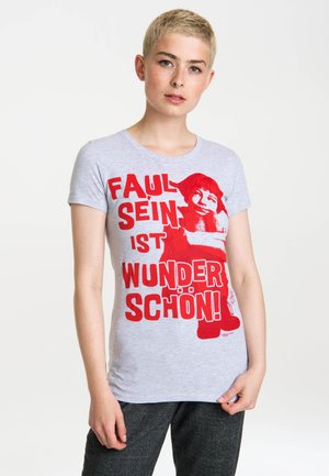 Gray cotton t-shirt featuring bold red text and a graphic illustration. Short sleeves and a crew neckline. Casual fit.