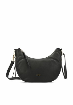 Borsa a spalla in pelle nera con forma curva, dettagli in hardware dorato e tracolla regolabile. Presenta una chiusura con cerniera e superficie testurizzata.