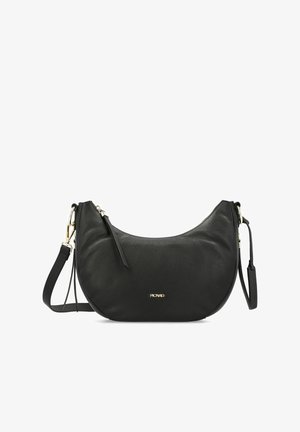 Zwarte leren schoudertas met een gebogen vorm, gouden hardware-accenten en een verstelbare schouderband. Voorzien van een ritsluiting en een gestructureerd oppervlak.