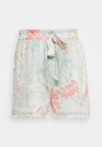 Shorts à motif floral avec une taille élastique, un lien ajustable et un tissu léger et semi-transparent aux teintes de vert, rose et aquarelle.
