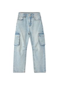 Pantaloni cargo in denim azzurro chiaro con vestibilità ampia, due grandi tasche laterali e dettagli di cucitura in evidenza. Design classico a cinque tasche.