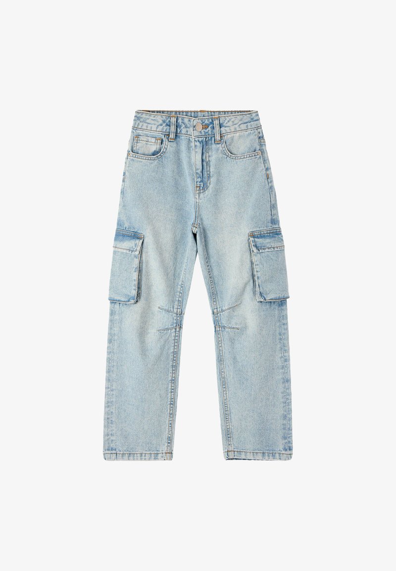 Pantaloni cargo in denim azzurro chiaro con vestibilità ampia, due grandi tasche laterali e dettagli di cucitura in evidenza. Design classico a cinque tasche.