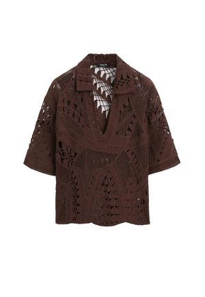 Braunes gehäkeltes Kurzarm-Top mit V-Ausschnitt und aufwendigen offenen Strickmustern im gesamten Stoff.