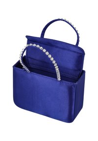 Borsa in raso viola a forma rettangolare, con due manici impreziositi da cristalli e apertura superiore, che mostra una texture liscia.