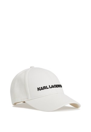 Weißes Baseballcap aus Stoff mit strukturiertem Design. Mit einem schwarzen gestickten Logo auf der Vorderseite und einem gebogenen Schirm.