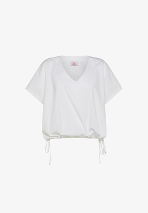 Camiseta blanca de algodón con cuello en V, mangas cortas y dobladillo ajustable con cordón. Textura suave y diseño casual.