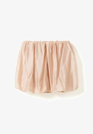 Jupe bouffante beige volumineuse avec taille élastiquée froncée et texture de tissu doux et brillant, présentée à plat sur un fond blanc.