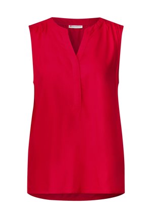 Červená bezramínková blůza s V-výstřihem, vyrobená z hladké látky. Obsahuje jemné sklady na ramenech a zaoblený lem. Jednoduchý a nezdobený design.