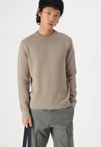Beige knitted sweater with a ribbed round neckline and long sleeves, featuring a textured finish and a fitted bottom hem.