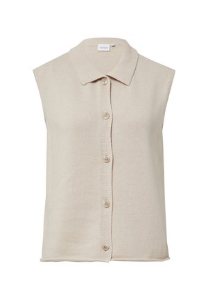 Beige sleeveless knit top with a collar, featuring a buttoned front and a textured fabric. Subtle horizontal pattern throughout.