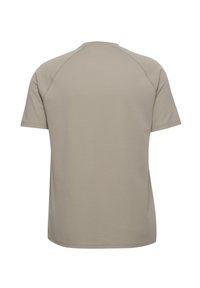 Beige korte mouwen heren T-shirt van textuurstof met raglannaden, gezien van achteren op een witte achtergrond.